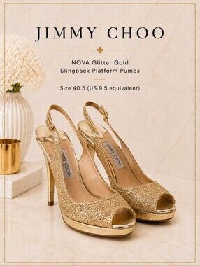 Jimmy Choo Nova Gold Glitter Slingback Platform Pumps 40.5 | 9.5 Made in Italy
